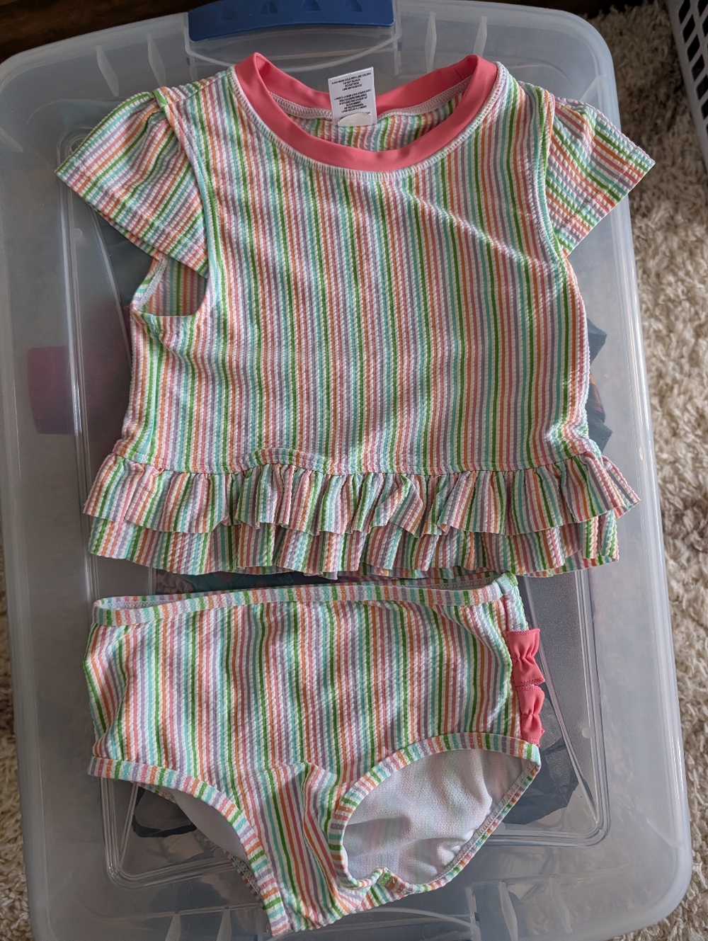 Toddler Two-Piece Ruffle Butts Swim Set - Pastel Striped Pink Trim